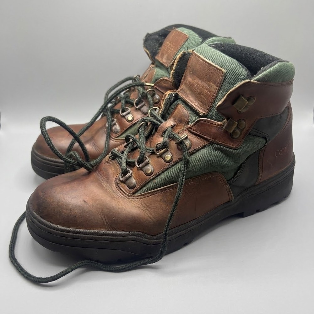 Columbia Trail Meister Tobacco Brown Green Leather Canvas Hiking Boots Mens 11.5